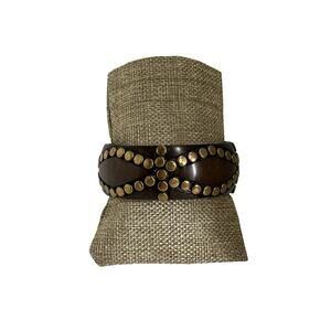 Vintage Style Plastic Bangle Bracelet Brown Faux Wood Brass Studded Cuff